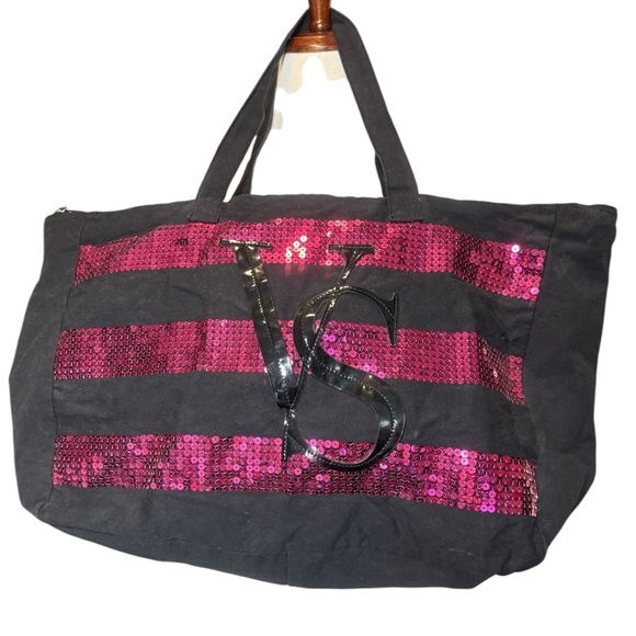 PINK Victoria's Secret Large Black and Pink Sequin Tote Bag - Picture 1 of 2